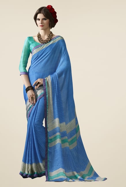 Triveni Sky Blue Printed Satin Chiffon Saree Triveni Sky Blue Printed Satin Chiffon Saree