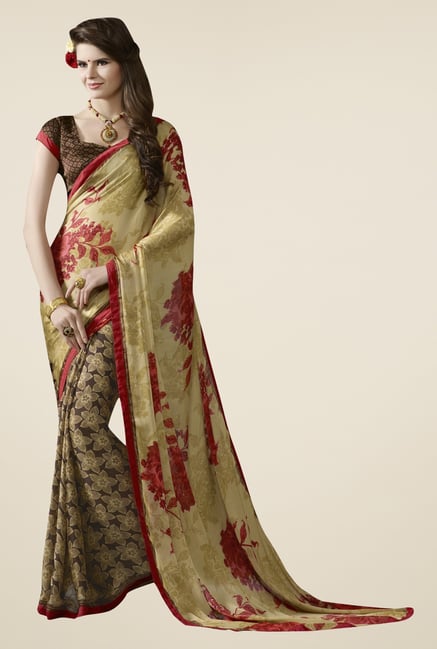 Triveni Brown Printed Satin Saree Triveni Brown Printed Satin Saree