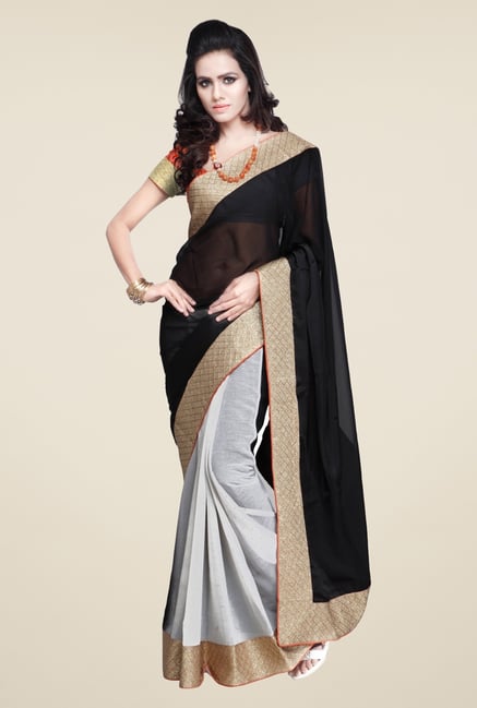 Triveni Off White & Black Solid Satin Chiffon Saree Triveni Off White & Black Solid Satin Chiffon Saree