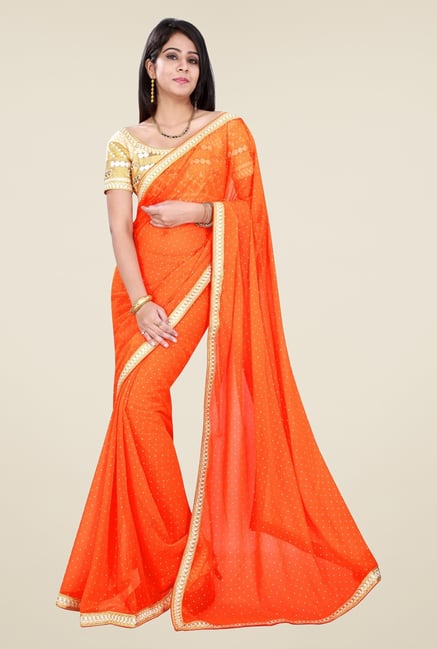 Triveni Orange Printed Chiffon Saree Triveni Orange Printed Chiffon Saree