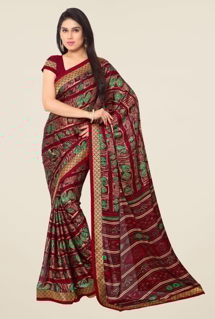 Triveni Maroon Printed Faux Georgette Free Size Saree Triveni Maroon Printed Faux Georgette Free Size Saree