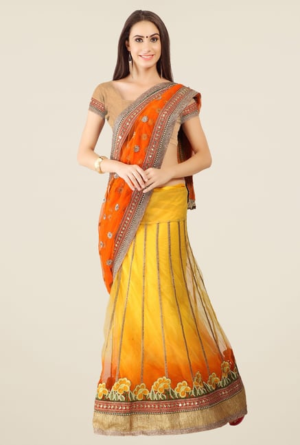 Triveni Yellow Printed Net Lehenga Saree Triveni Yellow Printed Net Lehenga Saree