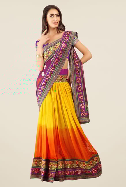 Triveni Yellow Embroidered Faux Georgette Lehenga Saree Triveni Yellow Embroidered Faux Georgette Lehenga Saree