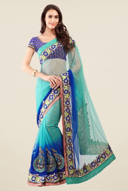 Triveni Blue Embroidered Net Jacquard Saree Triveni Blue Embroidered Net Jacquard Saree