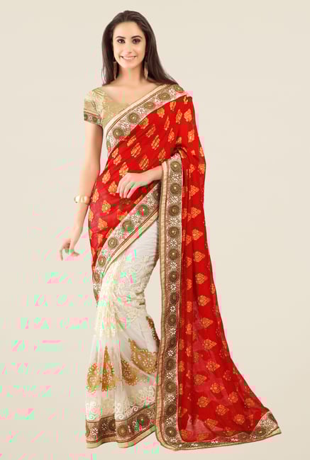 Triveni Off White Embroidered Net Jacquard Saree Triveni Off White Embroidered Net Jacquard Saree