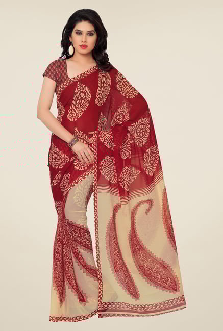 Triveni Red & Beige Paisley Faux Georgette Saree Triveni Red & Beige Paisley Faux Georgette Saree