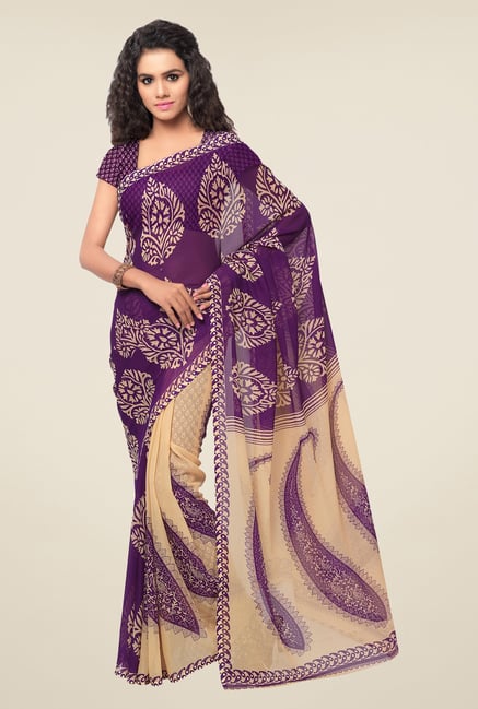 Triveni Purple & Beige Paisley Faux Georgette Saree Triveni Purple & Beige Paisley Faux Georgette Saree