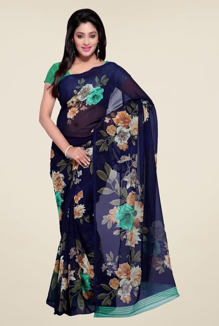 Triveni Navy Floral Faux Georgette Saree Triveni Navy Floral Faux Georgette Saree
