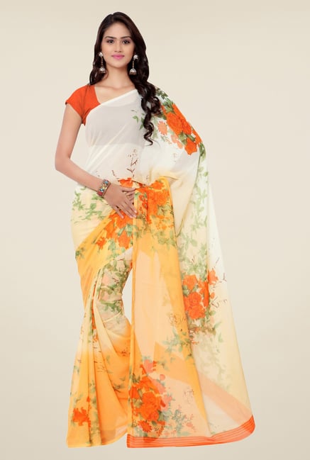 Triveni Cream & Orange Floral Faux Georgette Saree Triveni Cream & Orange Floral Faux Georgette Saree