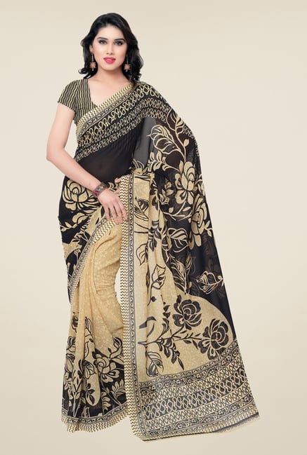 Triveni Black & Beige Floral Faux Georgette Saree Triveni Black & Beige Floral Faux Georgette Saree