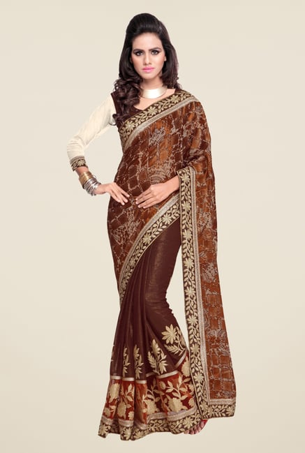 Triveni Brown Embroidered Brasso Shimmer Saree Triveni Brown Embroidered Brasso Shimmer Saree