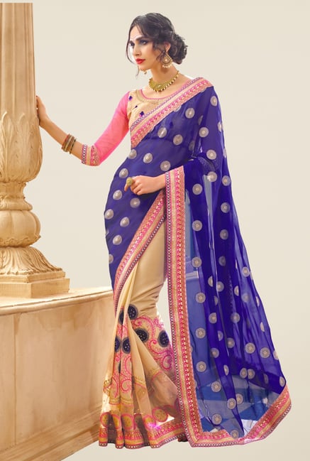 Triveni Beige & Blue Embroidered Faux Georgette Net Saree Triveni Beige & Blue Embroidered Faux Georgette Net Saree