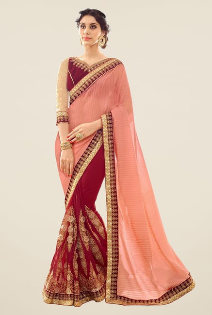 Triveni Maroon & Peach Embroidered Faux Georgette Saree Triveni Maroon & Peach Embroidered Faux Georgette Saree