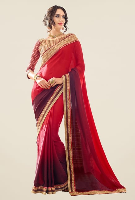 Triveni Maroon & Red Solid Georgette Jacquard Saree Triveni Maroon & Red Solid Georgette Jacquard Saree