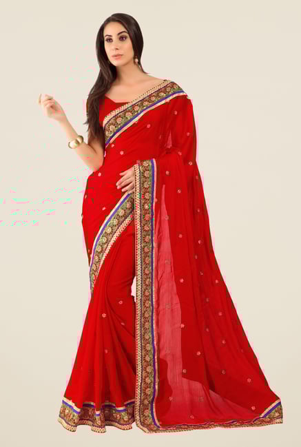 Triveni Red Embroidered Faux Georgette Free Size Saree Triveni Red Embroidered Faux Georgette Free Size Saree