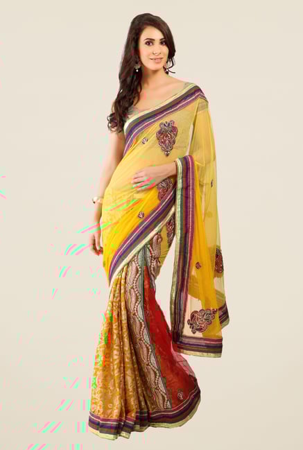 Triveni Yellow Embroidered Georgette Lehenga Saree Triveni Yellow Embroidered Georgette Lehenga Saree