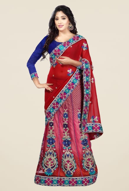 Triveni Maroon Embroidered Net Georgette Lehenga Saree Triveni Maroon Embroidered Net Georgette Lehenga Saree