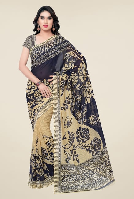 Triveni Navy & Beige Floral Faux Georgette Saree Triveni Navy & Beige Floral Faux Georgette Saree