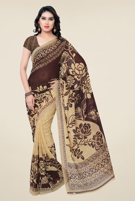 Triveni Brown & Beige Floral Faux Georgette Saree Triveni Brown & Beige Floral Faux Georgette Saree