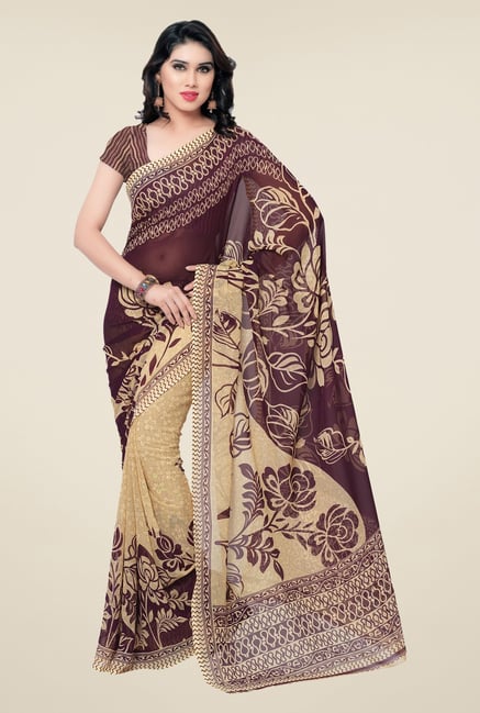 Triveni Maroon & Beige Floral Faux Georgette Saree Triveni Maroon & Beige Floral Faux Georgette Saree
