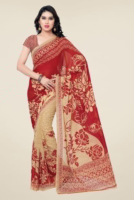 Triveni Red & Beige Floral Faux Georgette Saree Triveni Red & Beige Floral Faux Georgette Saree