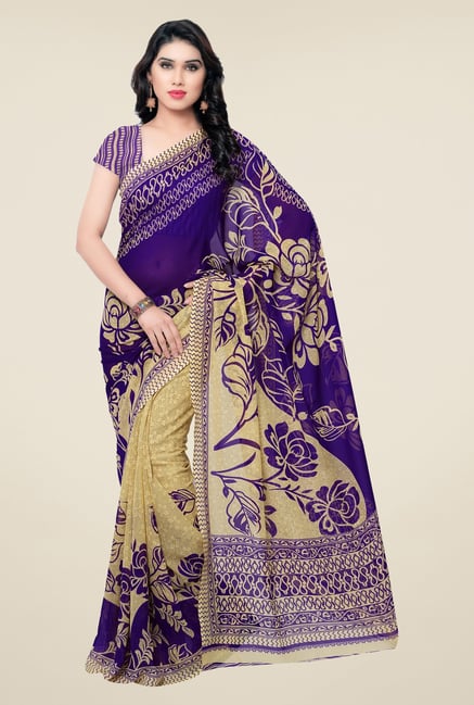 Triveni Blue & Beige Floral Faux Georgette Saree Triveni Blue & Beige Floral Faux Georgette Saree