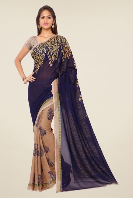 Triveni Beige & Navy Printed Faux Georgette Saree Triveni Beige & Navy Printed Faux Georgette Saree