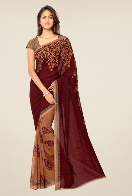 Triveni Beige & Maroon Printed Faux Georgette Saree Triveni Beige & Maroon Printed Faux Georgette Saree