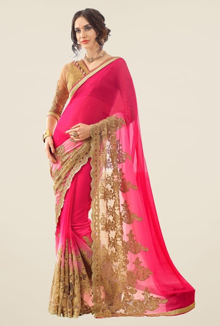 Triveni Magenta Embroidered Faux Georgette Net Saree Triveni Magenta Embroidered Faux Georgette Net Saree