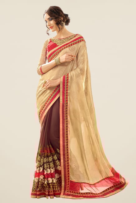 Triveni Brown & Beige Embroidered Georgette Jacquard Saree Triveni Brown & Beige Embroidered Georgette Jacquard Saree