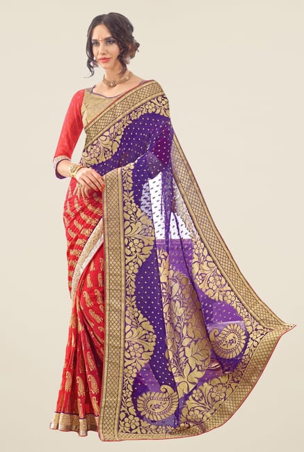 Triveni Red & Blue Embroidered Faux Georgette Saree Triveni Red & Blue Embroidered Faux Georgette Saree