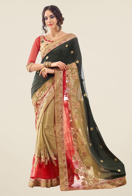 Triveni Beige & Black Embroidered Georgette Net Saree Triveni Beige & Black Embroidered Georgette Net Saree