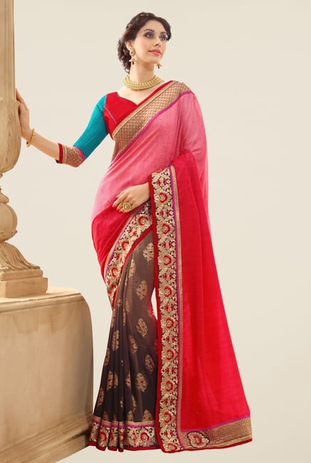 Triveni Brown & Pink Embroidered Georgette Jacquard Saree Triveni Brown & Pink Embroidered Georgette Jacquard Saree