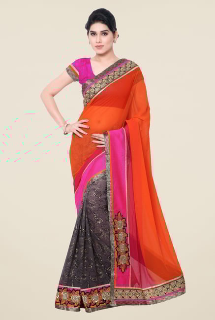 Triveni Grey & Orange Paisley Print Faux Georgette Saree Triveni Grey & Orange Paisley Print Faux Georgette Saree