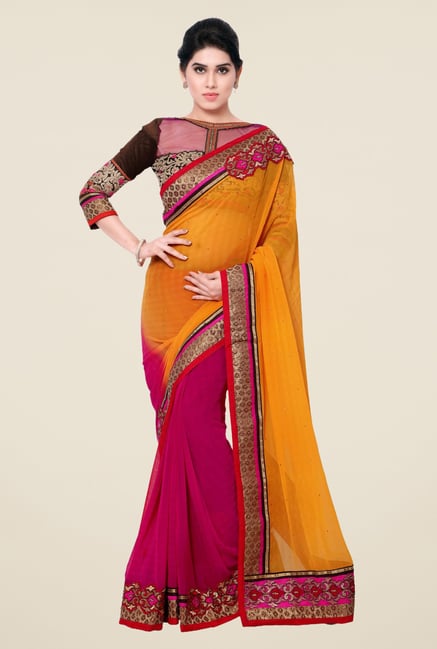 Triveni Pink & Yellow Printed Faux Georgette Saree Triveni Pink & Yellow Printed Faux Georgette Saree