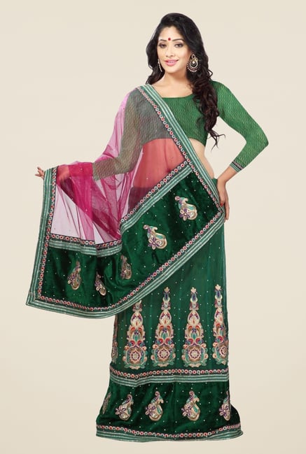 Triveni Green Printed Net Velvet Saree Triveni Green Printed Net Velvet Saree