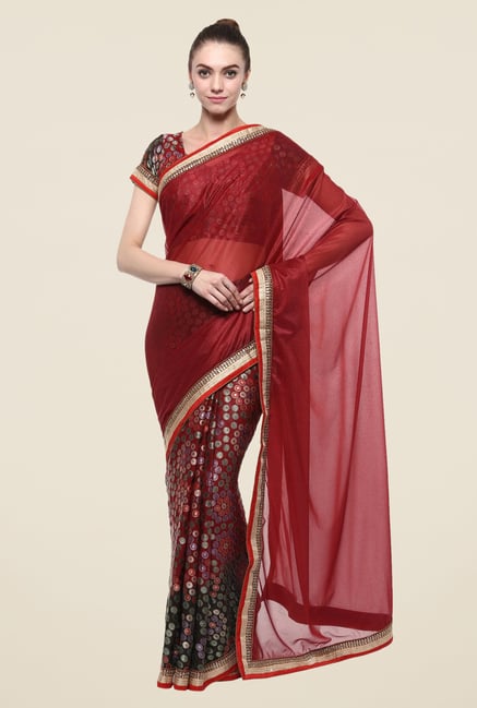 Triveni Maroon Printed Lycra Georgette Saree Triveni Maroon Printed Lycra Georgette Saree