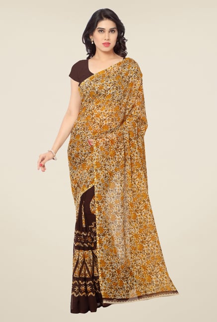 Triveni Brown Floral Faux Georgette Saree Triveni Brown Floral Faux Georgette Saree