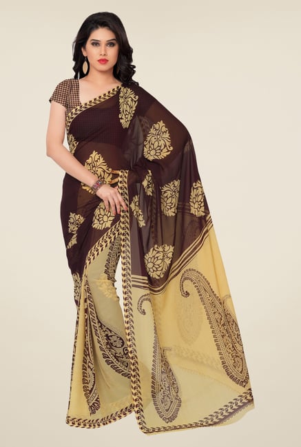 Triveni Brown & Beige Paisley Faux Georgette Saree Triveni Brown & Beige Paisley Faux Georgette Saree