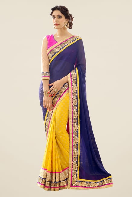 Triveni Yellow & Navy Embroidered Georgette Jacquard Saree Triveni Yellow & Navy Embroidered Georgette Jacquard Saree