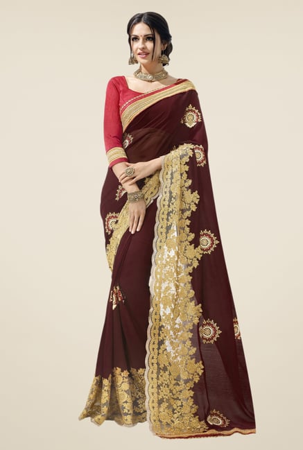 Triveni Maroon Embroidered Faux Georgette Free Size Saree Triveni Maroon Embroidered Faux Georgette Free Size Saree