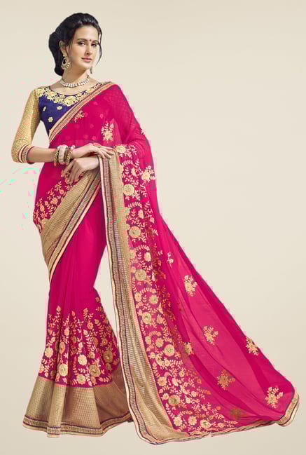 Triveni Magenta Embroidered Faux Georgette Free Size Saree Triveni Magenta Embroidered Faux Georgette Free Size Saree