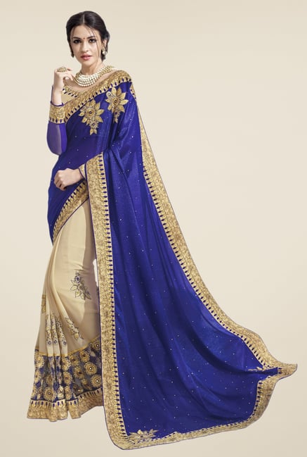 Triveni Blue & Beige Embroidered Chiffon Jacquard Saree Triveni Blue & Beige Embroidered Chiffon Jacquard Saree