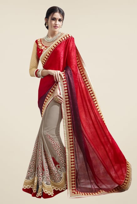 Triveni Grey & Red Embroidered Georgette Jacquard Saree Triveni Grey & Red Embroidered Georgette Jacquard Saree