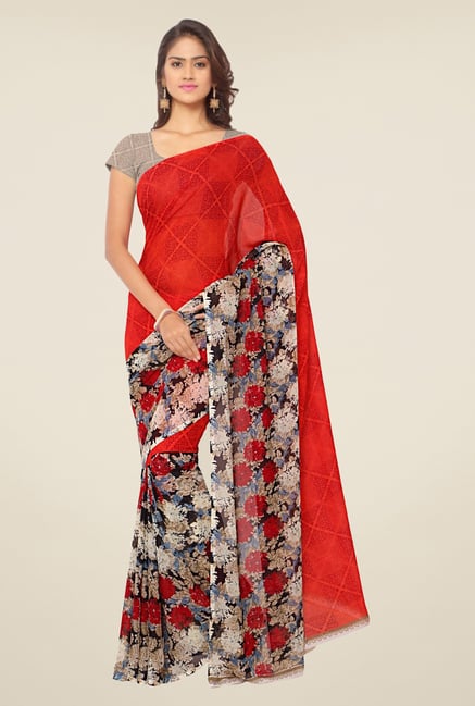 Triveni Red Floral Faux Georgette Saree Triveni Red Floral Faux Georgette Saree