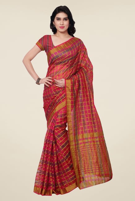 Triveni Red Checks Art Silk Saree Triveni Red Checks Art Silk Saree