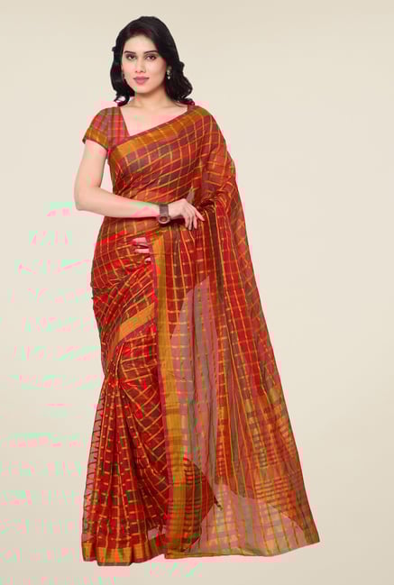Triveni Red Checks Art Silk Saree Triveni Red Checks Art Silk Saree