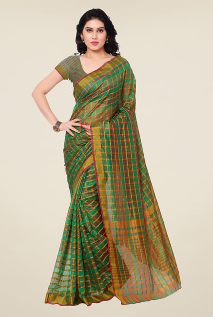 Triveni Green Checks Art Silk Saree Triveni Green Checks Art Silk Saree