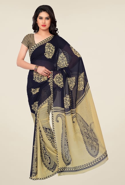 Triveni Blue & Beige Paisley Faux Georgette Saree Triveni Blue & Beige Paisley Faux Georgette Saree