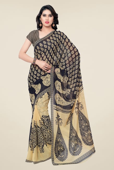 Triveni Black & Beige Paisley Faux Georgette Saree Triveni Black & Beige Paisley Faux Georgette Saree